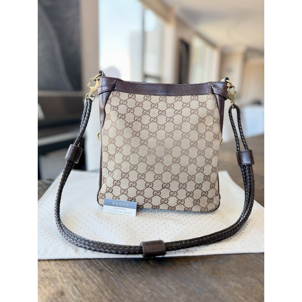 Gucci Braided Slim Crossbody Bag Brown Signature Monogram Canvas Leather